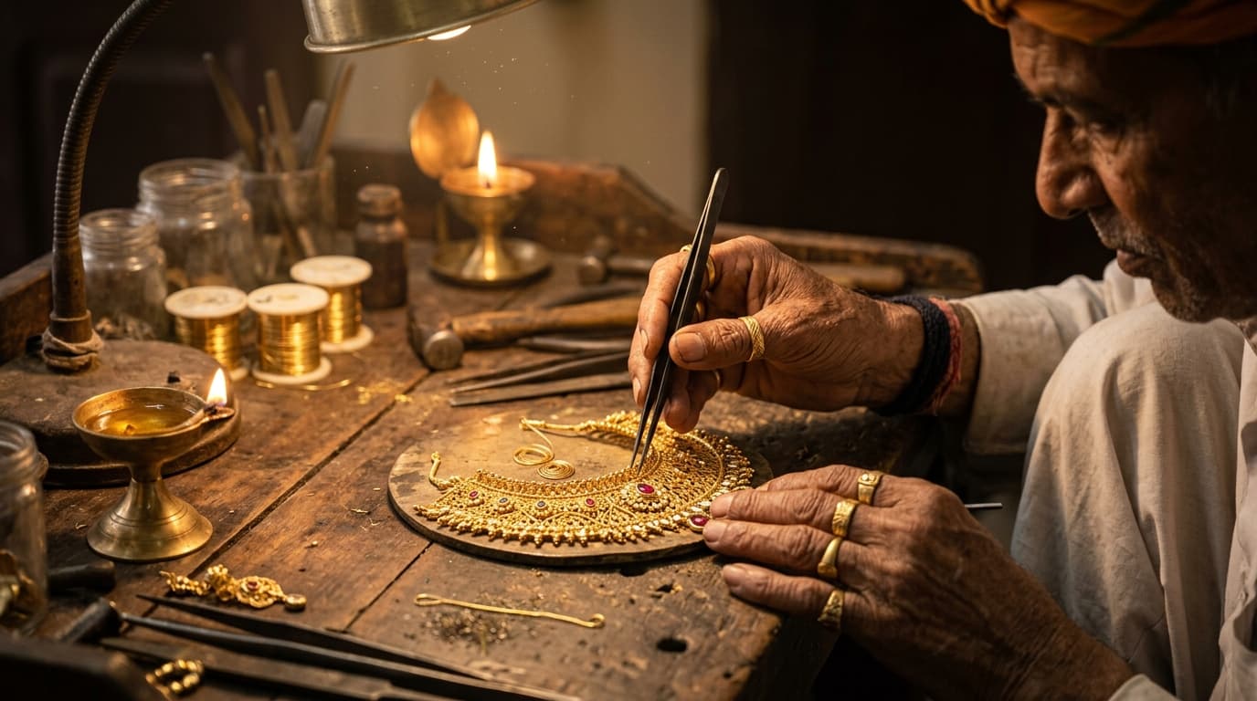 Goldsmith carefully shaping gold jewellery by hand in a workshop