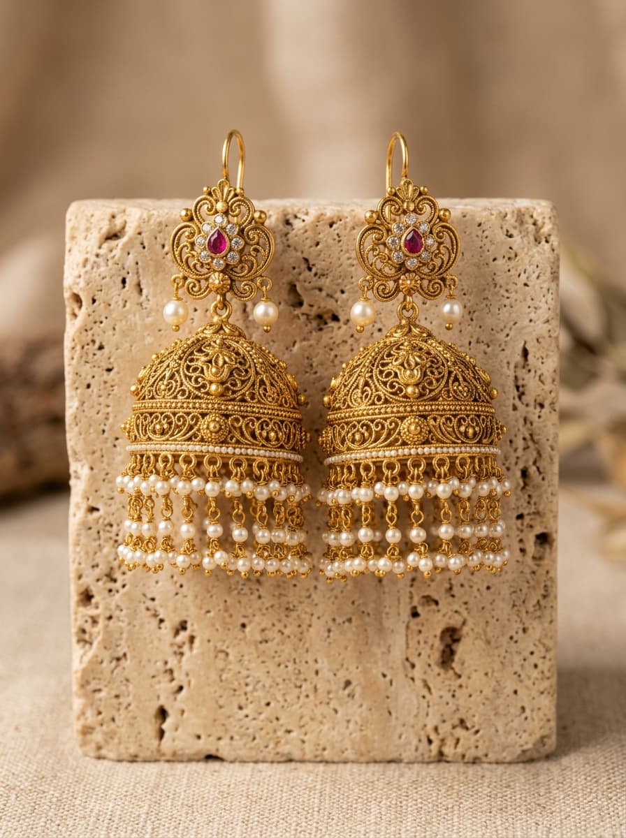 The subtle rhythm of antique jhumkas with seed pearl fringes. Designed to enchant.