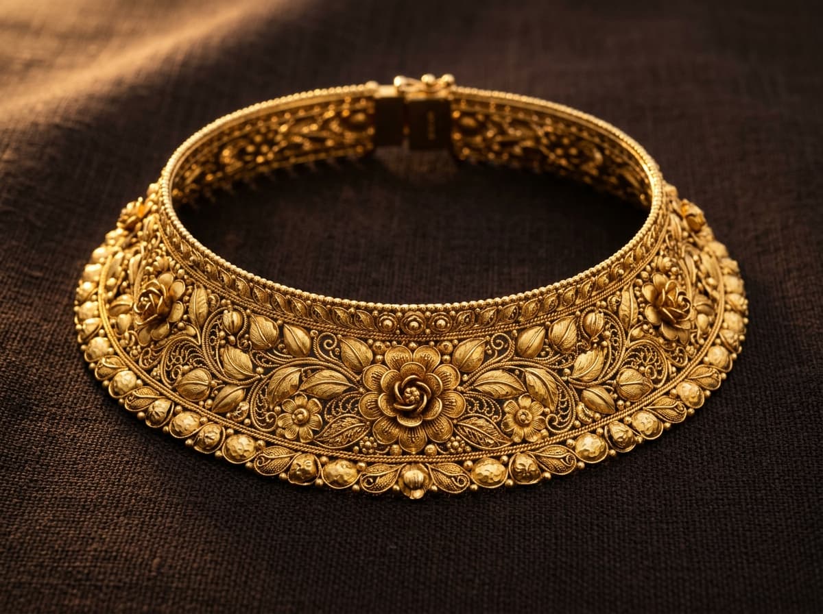 Antique floral filigree choker necklace in 22K 916 gold. Master artisan crafted.