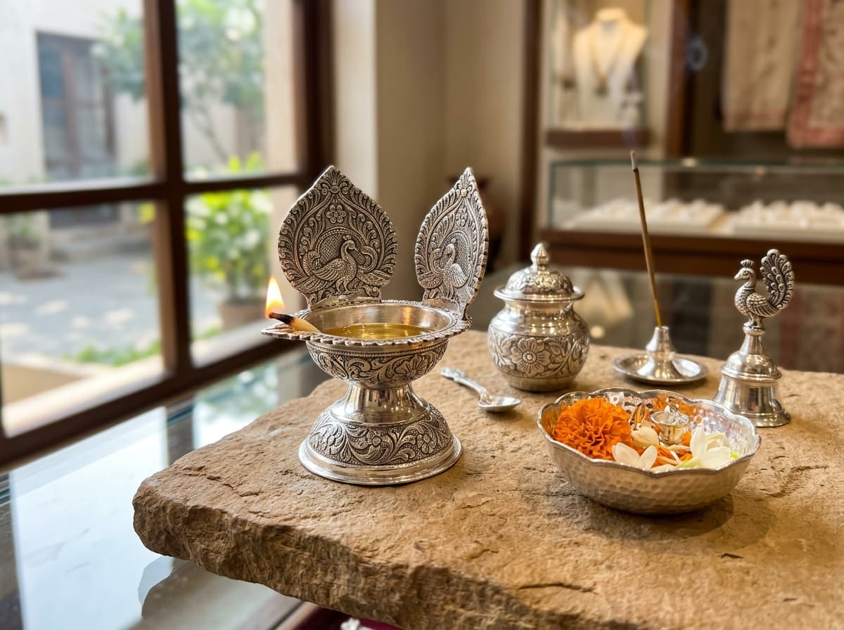 Auspicious silver diyas and handcrafted pooja artifacts for sacred celebrations.
